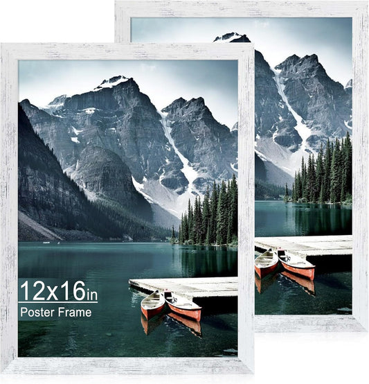 iRahmen 12x16 Picture Frame Set of 2 with Plexiglass, Distressed White Wood Poster Frames for Photo Gallery Wall Mounting Horizontal and Vertical