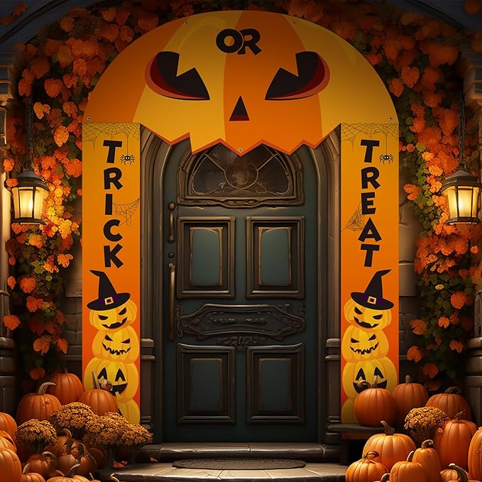 3 Pcs Halloween Cemetery Archway Halloween Cemetery Banners Gothic Outdoor Banners Sign Banner Decorations for Outdoor Party Supplies (Pumpkin)