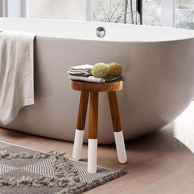 Teak Wood 9" Round Plant Stand |Dip Dyed Plant Stand |Accent Stool |Milking Stool |Bath Stool |Small Side Table (16" Tall White)