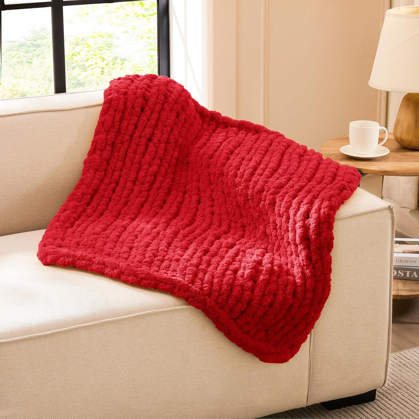 L'AGRATY Chunky Knit Blanket Throw - Soft Chunky Throw Blankets 30x40: 100% Hand Kintted Chenile Crochet Blanket Large Cable Knit Blankets - Rope Knot Throw for Couch Home Decor(Red)