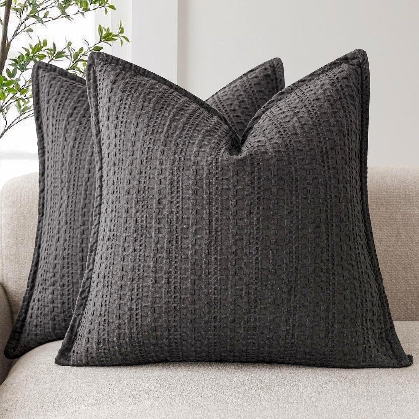Foindtower Set of 2 Decorative Cotton Waffle Weave Throw Pillow Covers Euro Shams Cushion Covers Accent European Pillowcase for Bed Couch Sofa Bedroom Living Room Home Decor 20×20 Inch Dark Grey