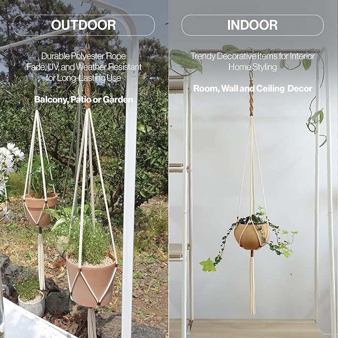 Macrame Plant Hanger Polyester Rope 42 Inch Outdoor Indoor Adjustable Hanging Planter for up to 10 Inch Plant Pot Modern Boho Home Decor (1, Ivory/Burnt Orange)