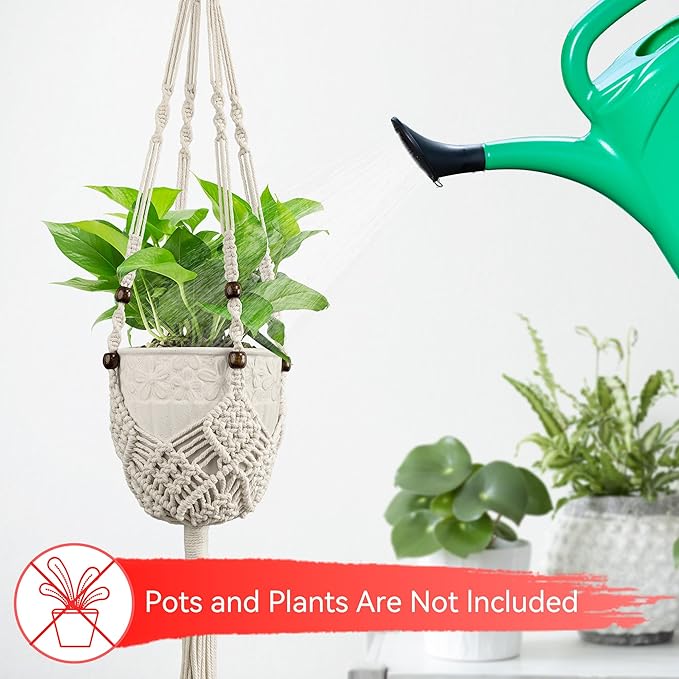 USLAI Macrame Handmade Basket Plant Hanger (2-Pack), for 3-8 Inch Pots, Indoor Outdoor Strong Hanging Planter Flower Pot Holder with Beads and Tassels, Boho Home Decor (POTS NOT Included) (White)