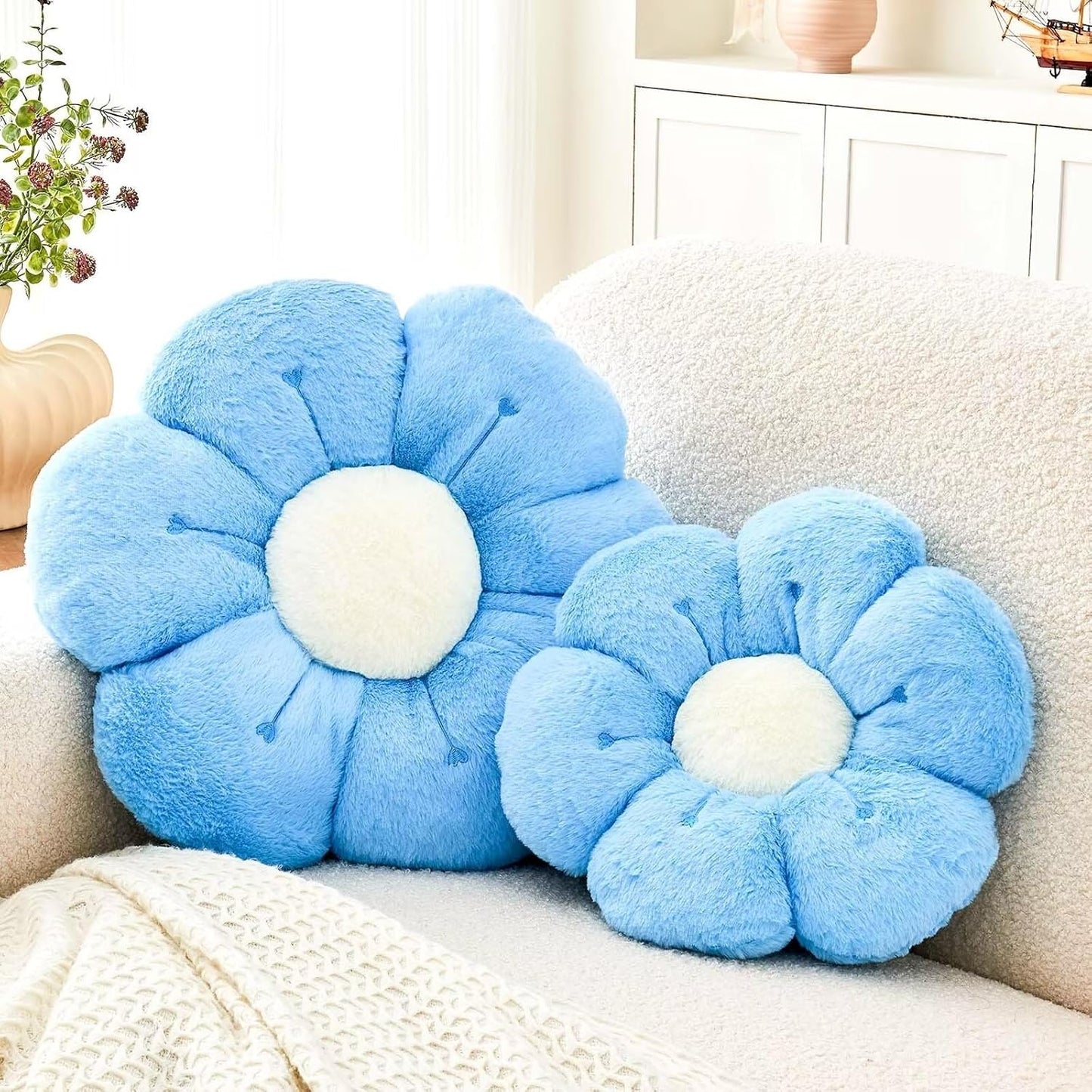 Flower Pillow, Cute Flower Shaped Decorative Pillow, Soft Rabbit Fur Daisy Pillow Home Decor Floor Seating Cushion for Bedroom Living Room (Blue 19.6 Inch)