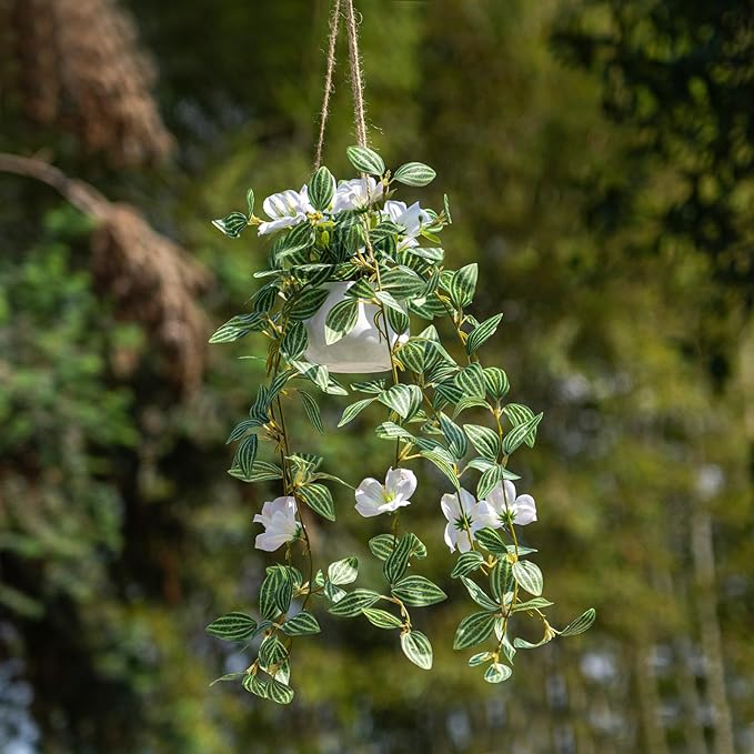 2PCS Artificial Hanging Plant with Pot Faux Hanging Plants Small Hanging Plants Pot with Artificial Vines and Flower Greenery Decoration for Living Room Wall Home Wall Shelf (Stripe White)