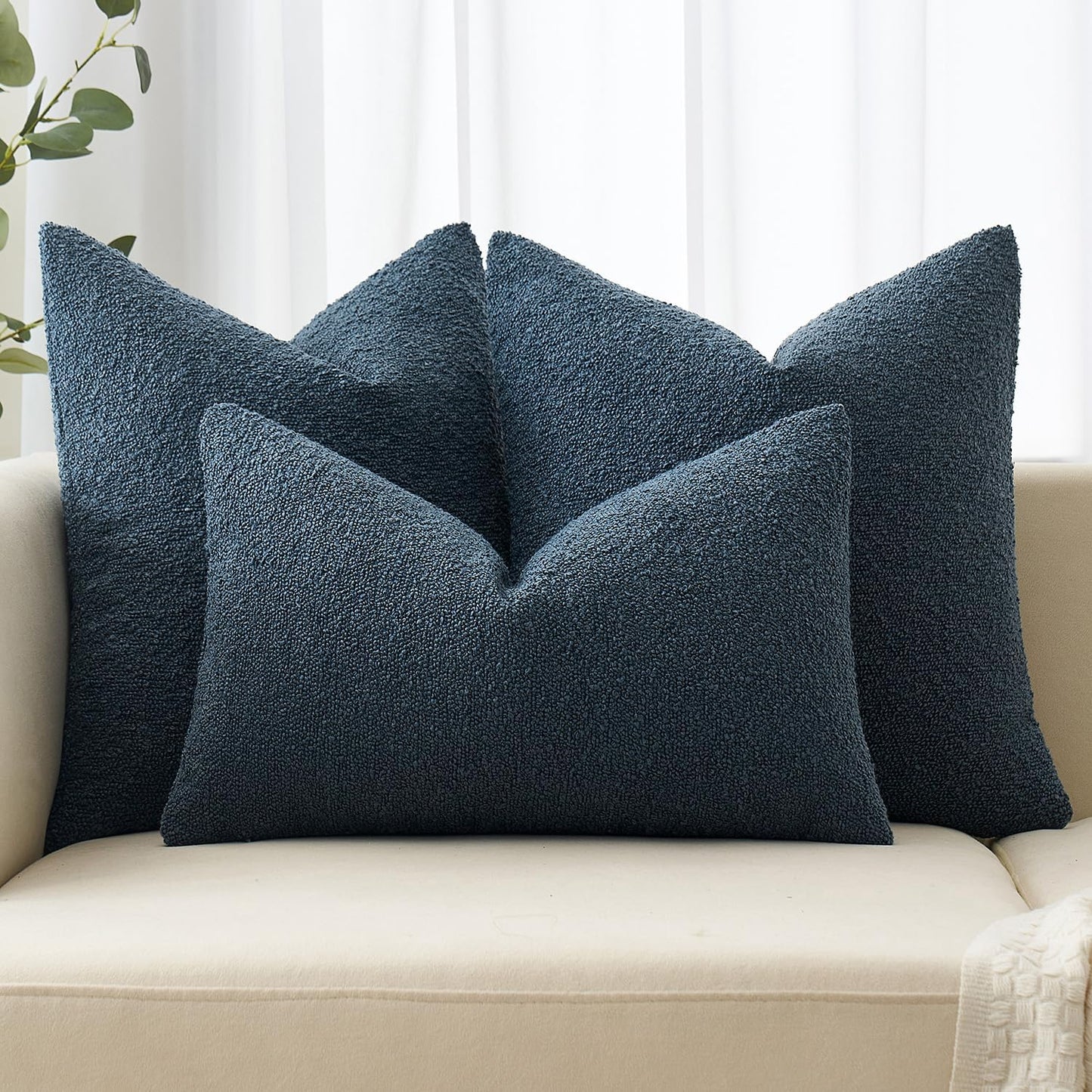MIULEE 18x18 Inch Decorative Pillow Covers for Couch Bed Set of 2 Textured Boucle Neutral Winter Throw Pillows Dark Blue Accent Solid Cushion Pillowcases Sofa Livingroom Home Decor