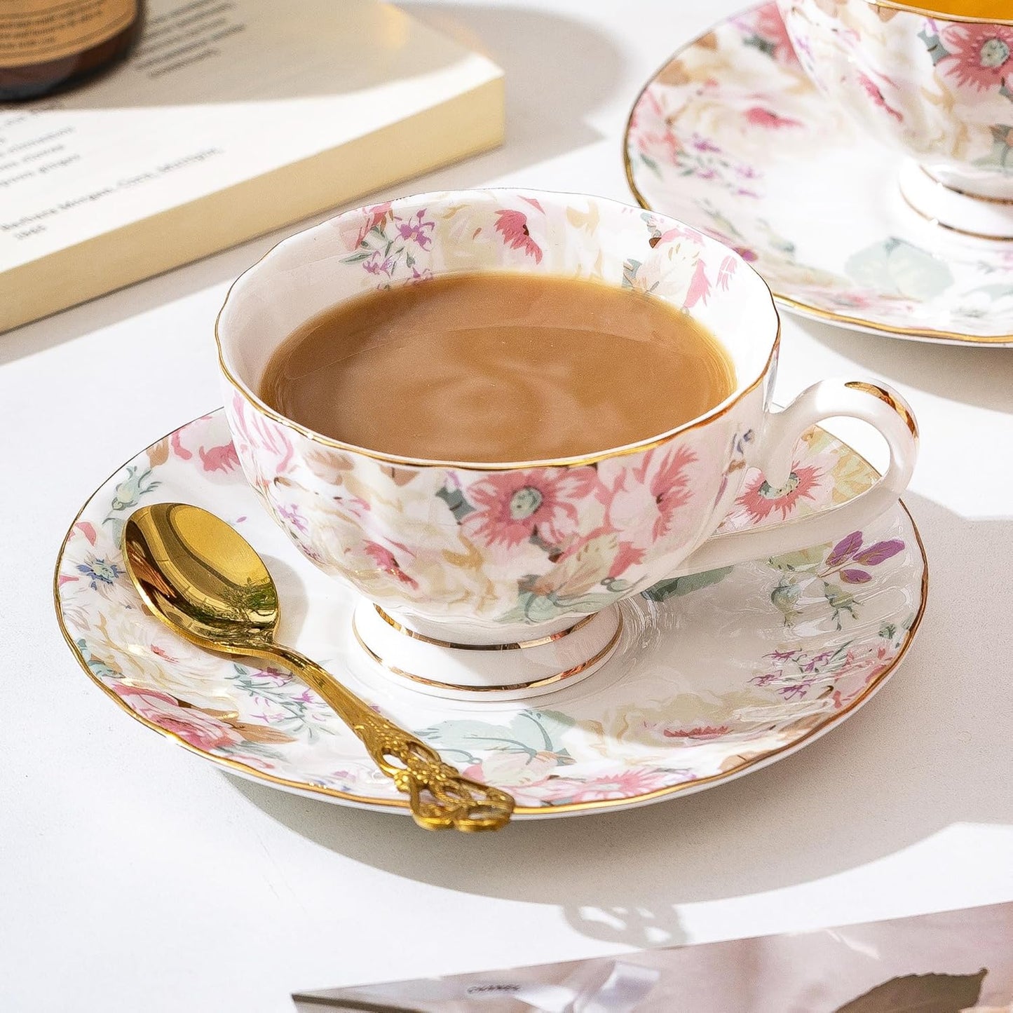 fanquare Pink Floral Tea Cup and Saucer Set with Spoon, 8 Ounce Porcelain Coffee Cup with Gold Trim, Vintage Peony Teacups for Women and Tea Parties