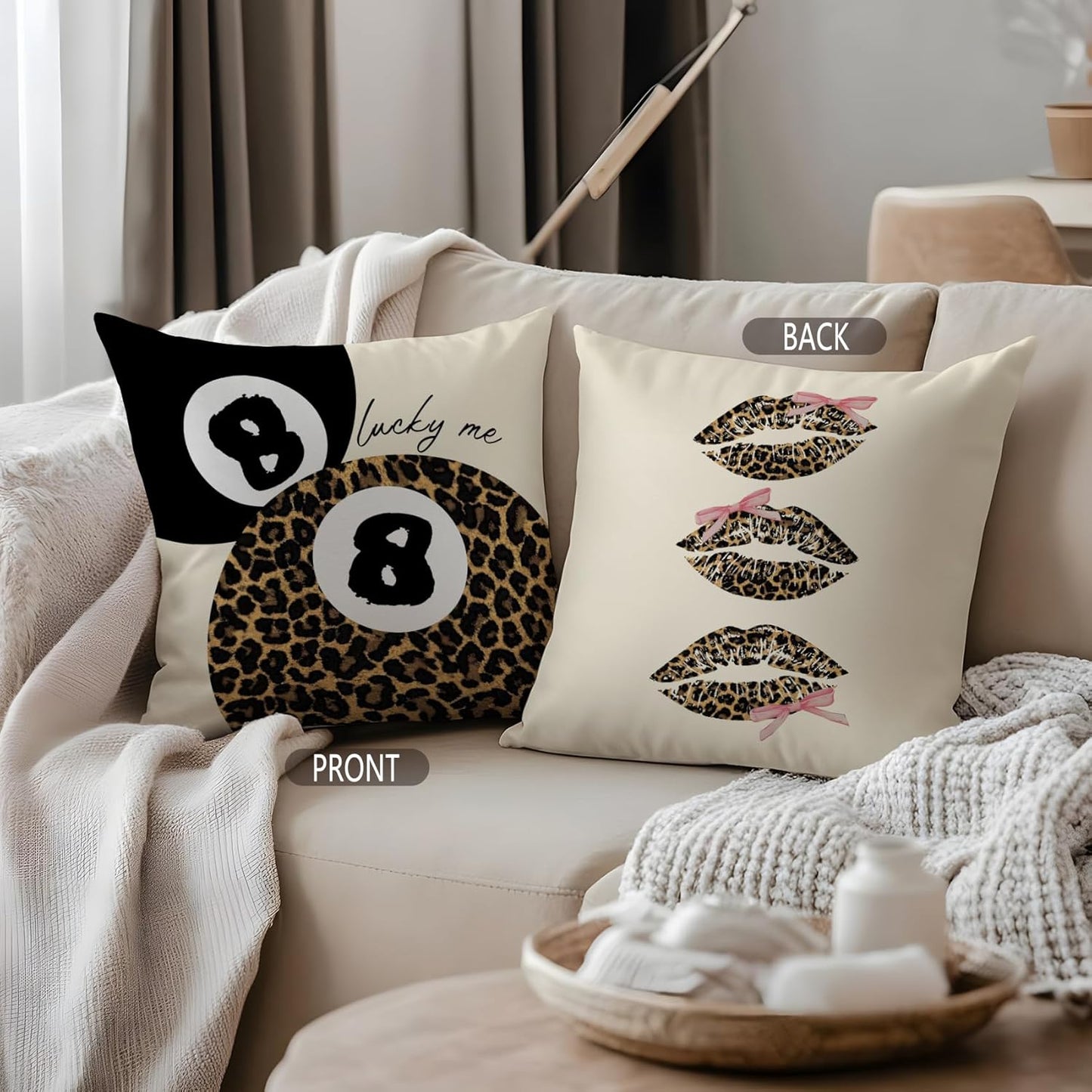 Coquette Pink Bow Leopard Print Lips Lucky 8 Ball Throw Pillow Covers 18x18, Cheetah Room Decor, Funky Y2K Leopard Print Decorative Pillow Covers for Girls Room Dorm Apartment Home