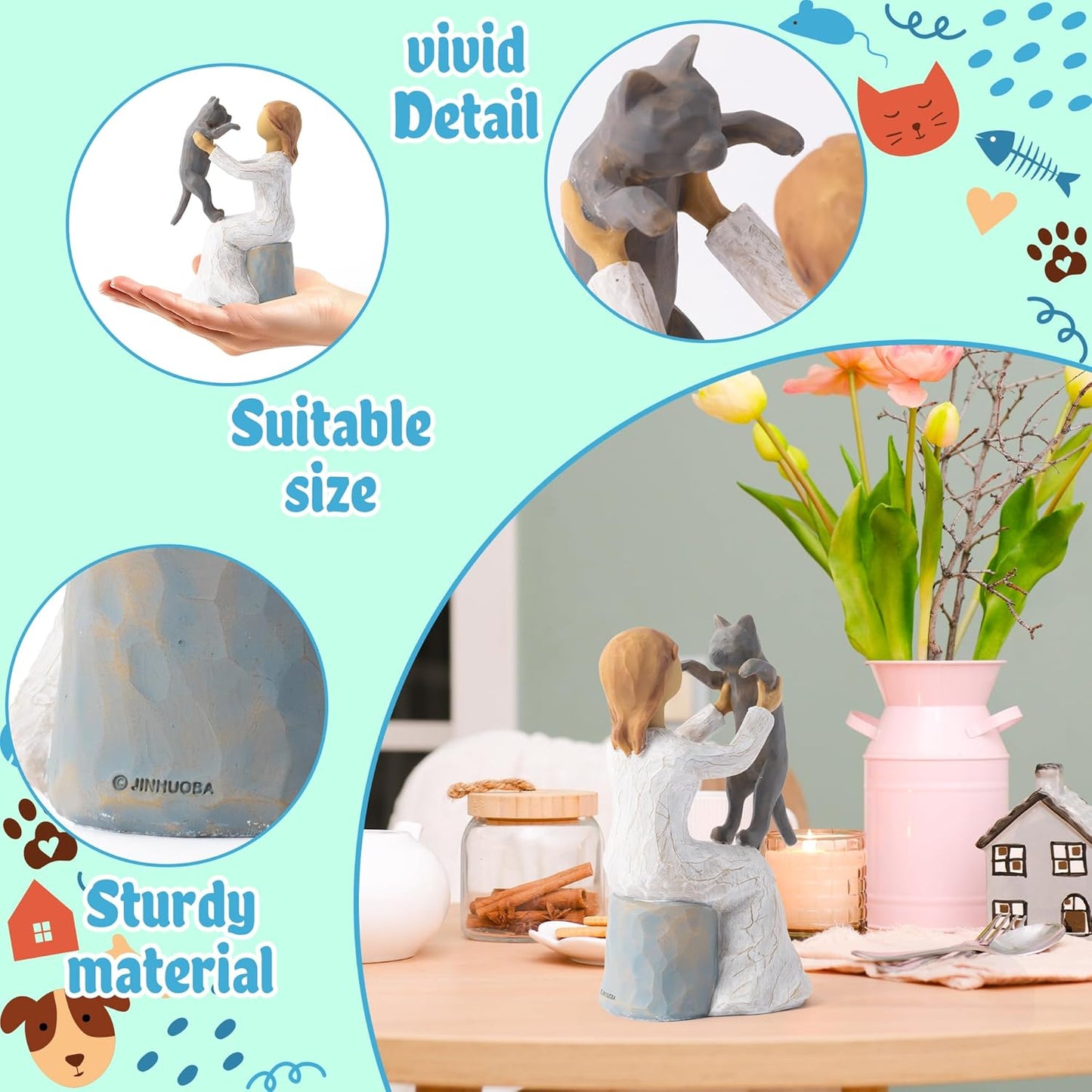 Love My Cat Figurines Statue - Cat with Angel Hand-Painted Sculpted Statue Table Topper Decor for Pet Lover Home Room Office Desktop Christmas Birthday Party Favor Housewarming Friendship Gift