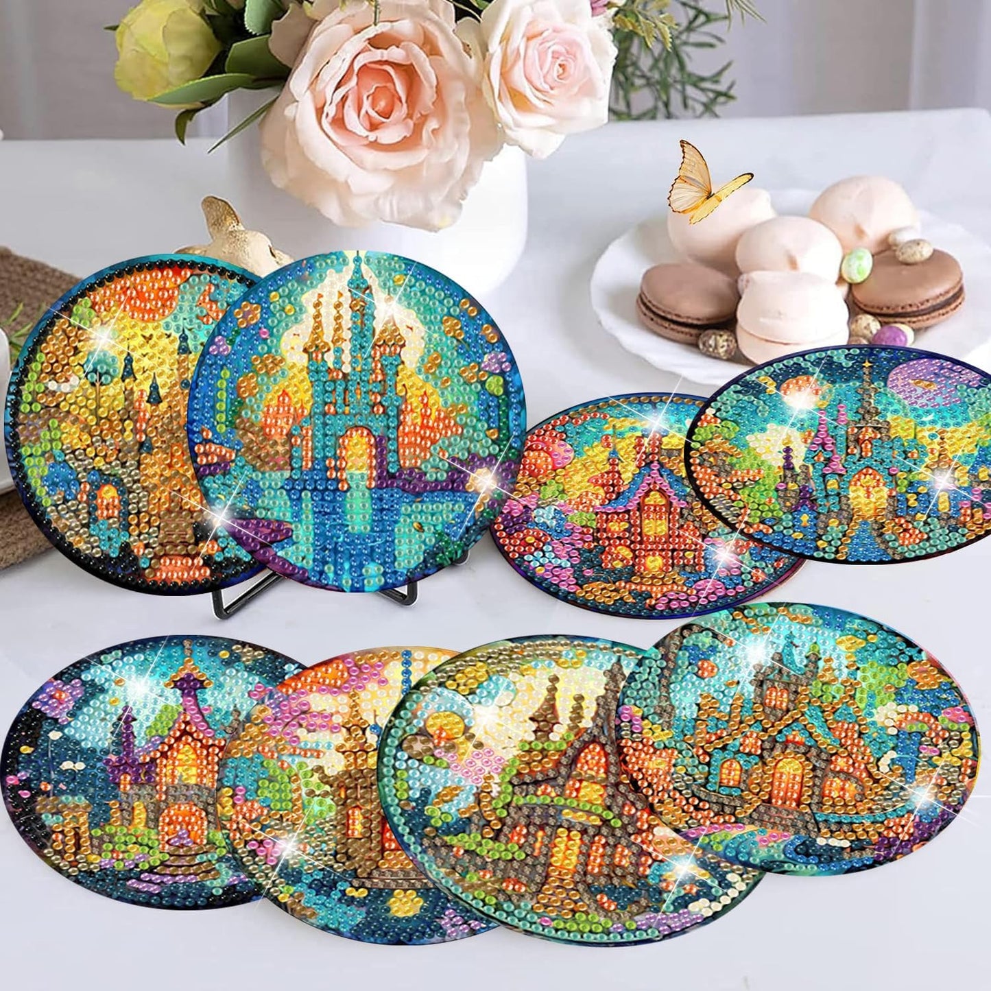 Meothan 8 Pcs Diamond Art Coasters Kits for Adults with Holder Cork Pads, Succulent Diamond Dots Art Painting Coasters Crafts Kit for Home Office Decor (Castle)