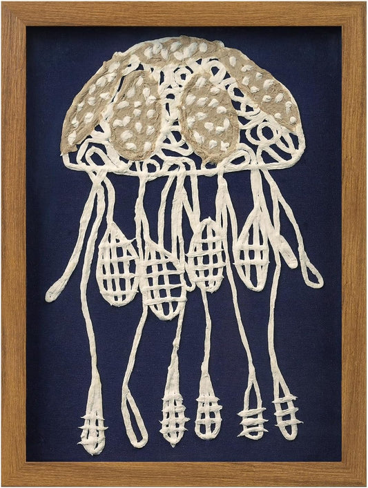 FOLKOR Framed Coastal Wall Art Decor for Living Room Bedroom, 12x16 3D Handmade Rice Paper Jellyfish Wall Hanging Sculpture, Ocean Blue Shadow Box Art for Modern Eclectic Bathroom Dining Room Nursery