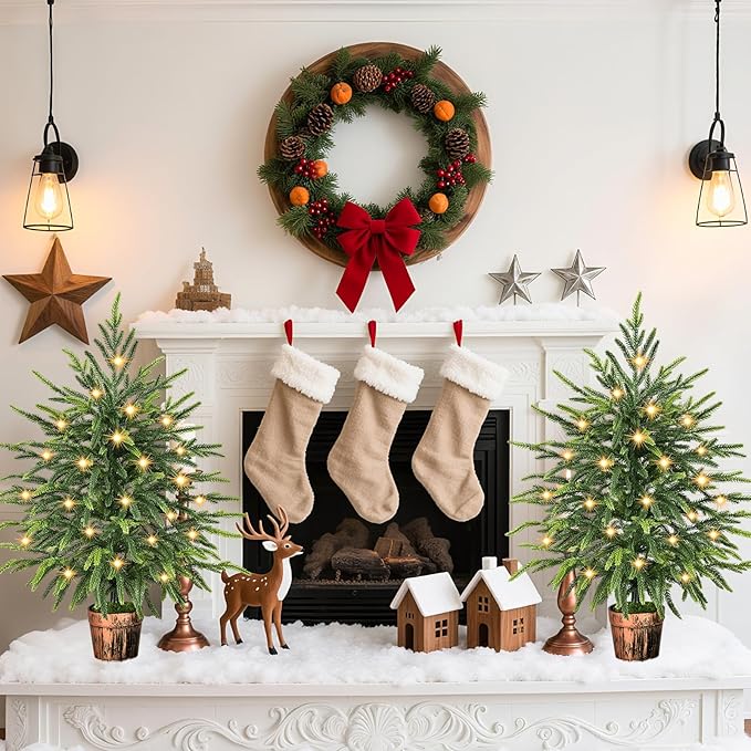 2FT Norfolk Pine Tree with Lights - Tabletop Christmas Tree with Pot, Real Touch PE Branch Tips for Front Porch, Kitchens, Home Indoor Outdoor Xmas‌ Decor