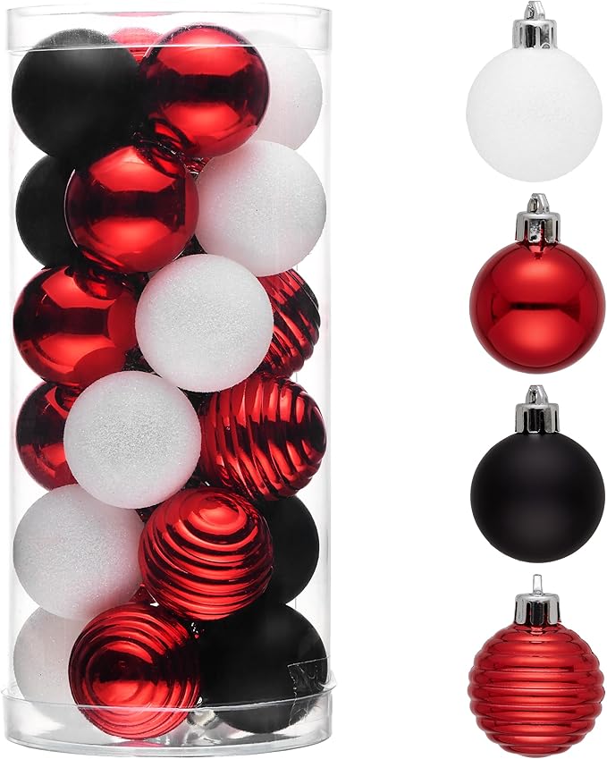 Valery Madelyn 1.57 Inches Small Christmas Tree Decorations Ornament Set for Fall Halloween, 24ct Red and Black Shatterproof Hanging Ball Ornaments Holiday Party Decor