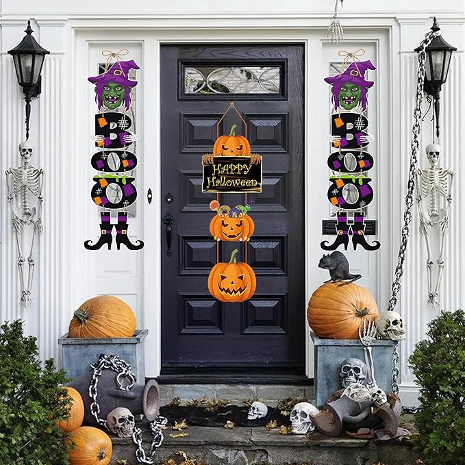 3Pcs Halloween Witch Hanging Decorations, Witch Pumpkin Door Decorations, Happy Halloween Sign Decoration Welcome Sign Hanging Ornaments for Home Wall Door Decor Party Supplies