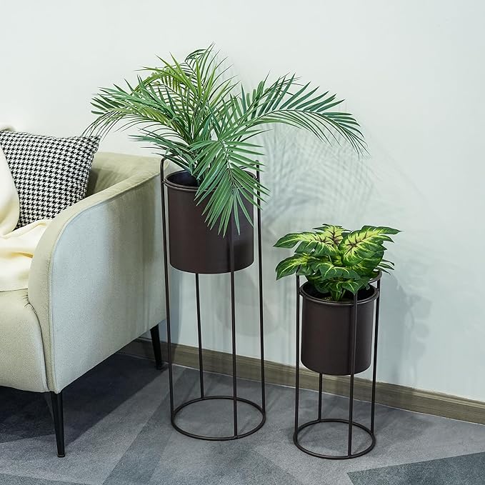 TRIROCKS Set of 2 Planters with Stand Large Metal Planter for Indoor Plants 28 &18" H Plant Pots for Living Room Corner Kitchen Office Garden Balcony Patio Decor(Brown)