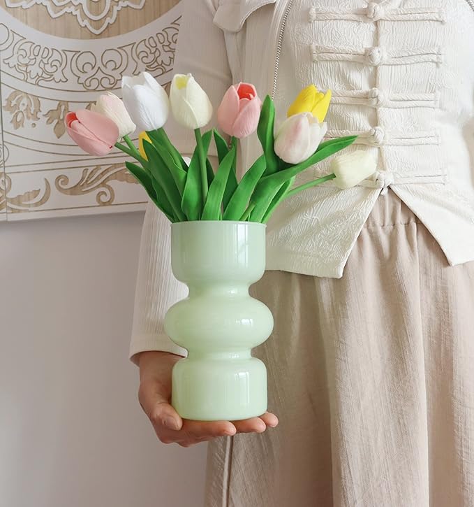 JSPYFITS Glass Hydroponic Flower Vase, 7 Inches Colored Glasses Bubble Vases for Flowers, Three-Layer Glass Funky Vase for Home/Office/Weddings/Party Table Flowers Decor (Milky Green)