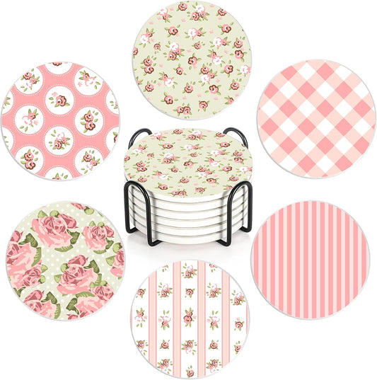 Drink Coasters,6 Pcs Shabby Chic Flower Coffee Cup Mat with Storage Holder, Durable Ceramic Coaster Set for Hot & Cold Beverages