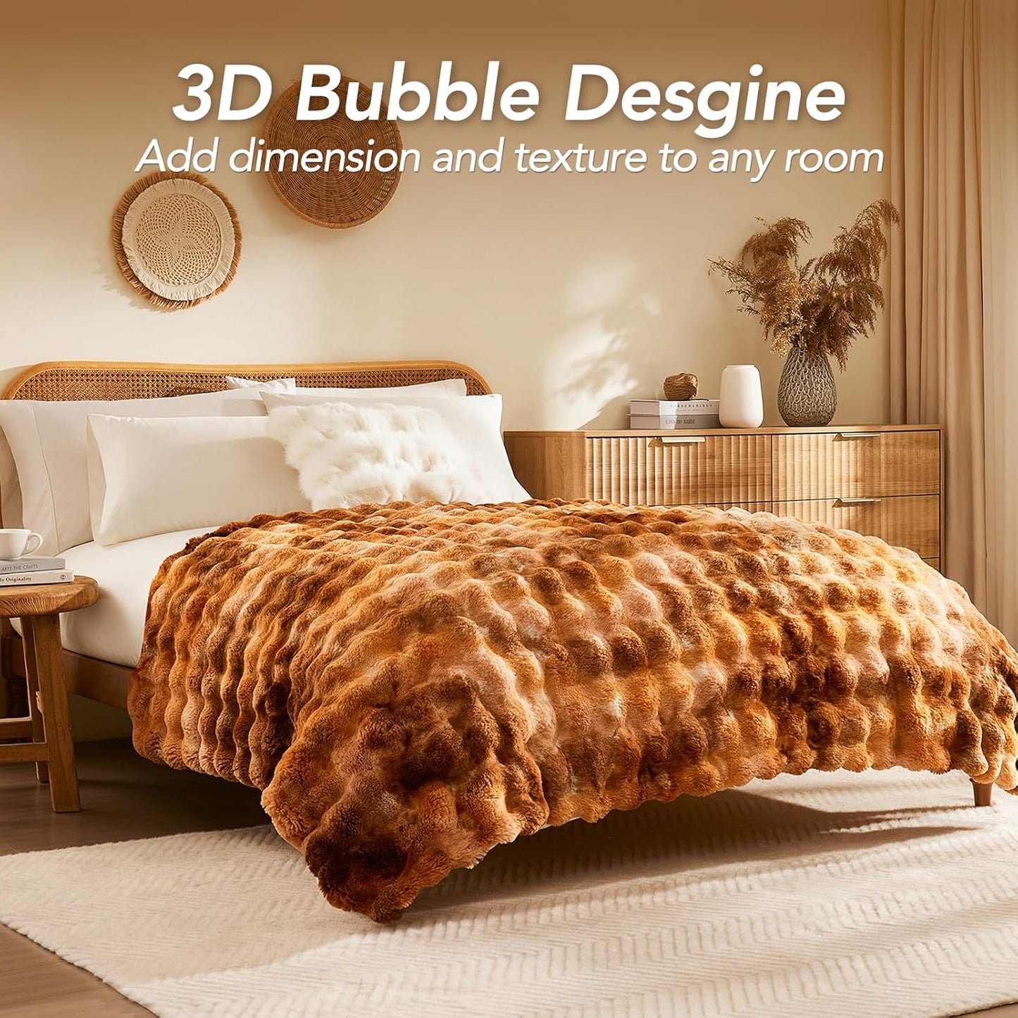 L'AGRATY Faux Fur Throw Blanket: 60" x 80" Luxury Soft Fluffy Thick Rabbit Fur Blankets for Twin Bed Couch - Cozy Plush Bubble Blankets for Home Decor: Warm Flannel Fleece Decorative Blanket