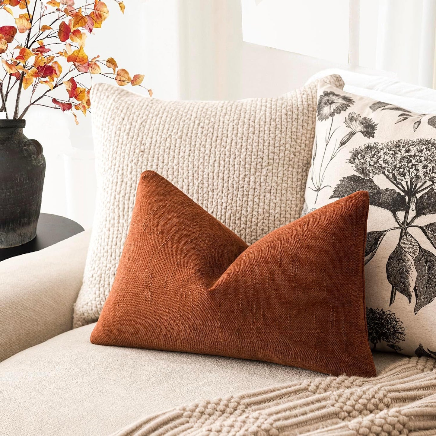 Foindtower Pack of 2 Soft Textured Throw Decorative Pillow Covers Lumbar Accent Solid Cushion Cover Cozy Farmhouse Pillow Case with Zipper for Couch Sofa Bed Living Room 12x20 Inch, Burnt Orange