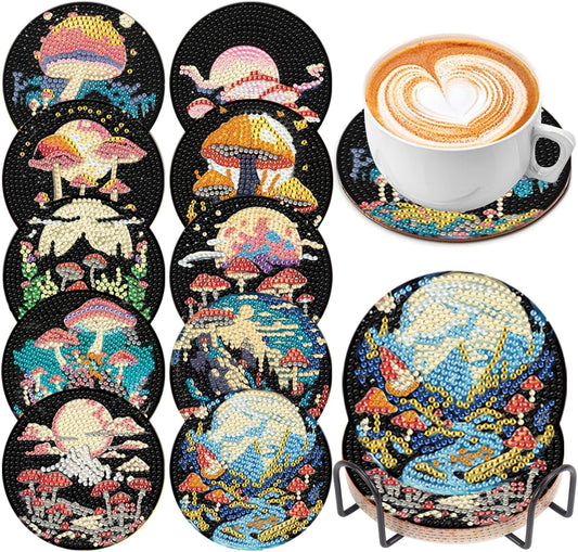 EWJRNSF 10 PCS Diamond Art Coasters Kit, Small Diamond Painting Coasters, Fall Diamond Art Kits for Adults Beginners, Arts and Crafts Supplies Item Sets with Holder Mushroom