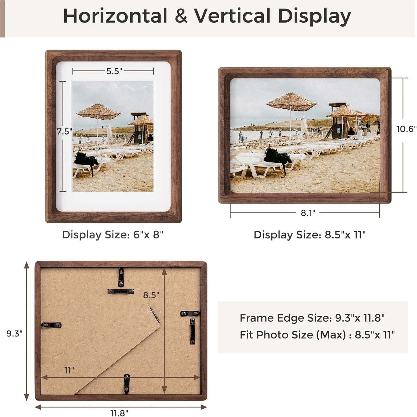 Heimlove 8.5X11 Picture Frames Natural Walnut,Original Wood Hand Make Crafted Photo Frame with Mat to 6X8 Graduation Picture Display,Family Picture,Wedding Picture Tabletop & Wall Decoration