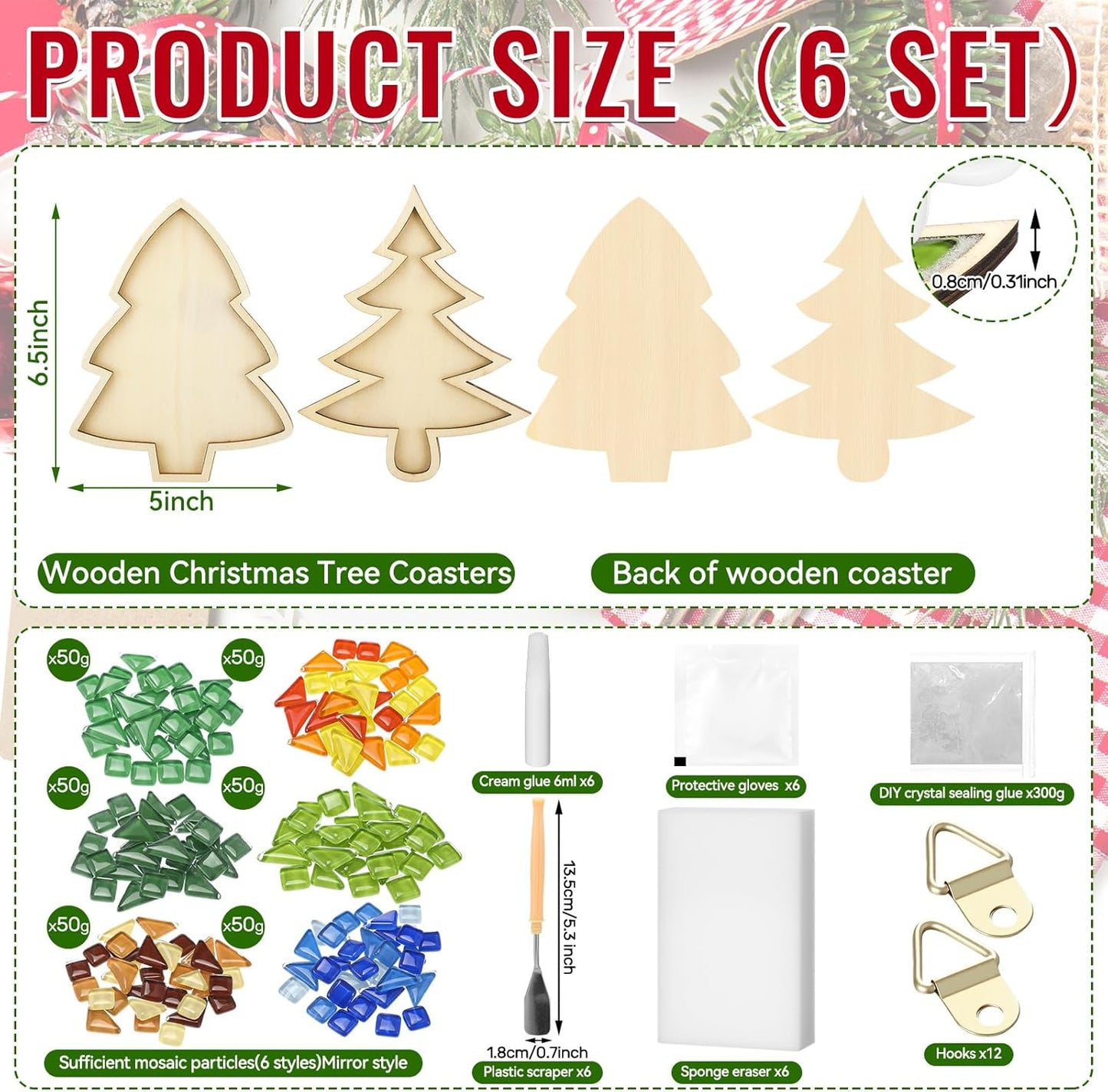 Honeydak 6 Sets DIY Glass Mosaic Tiles with 6 Wooden Coasters Making Mosaic Crafts Material Package Mixed Stained Glass for Handmade Colorful Home Decor Gift Indoor (Christmas Tree,Neutral Color)