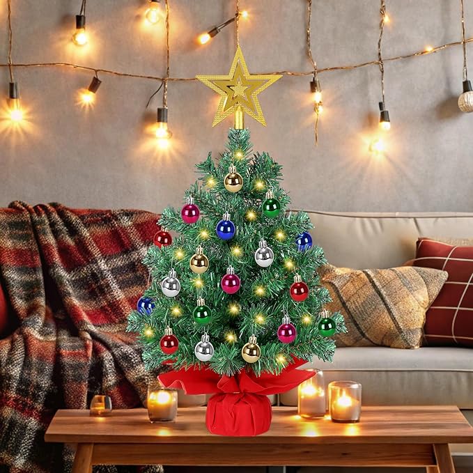 [ 8 Modes & Timer ] 24 Inch Tabletop Artificial Christmas Tree with 50 LED Lights, Star Treetop & 30 Christmas Ornament Battery Operated Small Christmas Tree Home Table Christmas Decorations