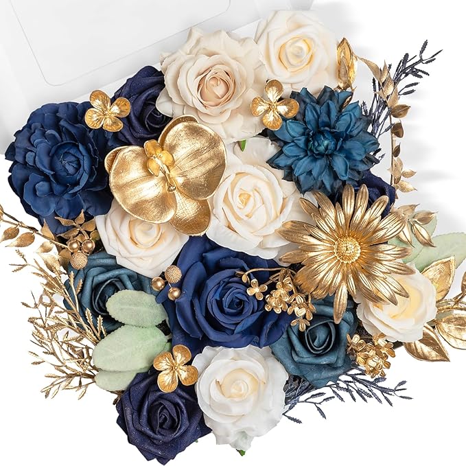 TINGE TIME Roses Artificial Flowers Blue Faux Flowers Bulk for DIY Bridal Wedding Bouquets Baby Shower Centerpiece Table Home Decorations(Navy Blue)