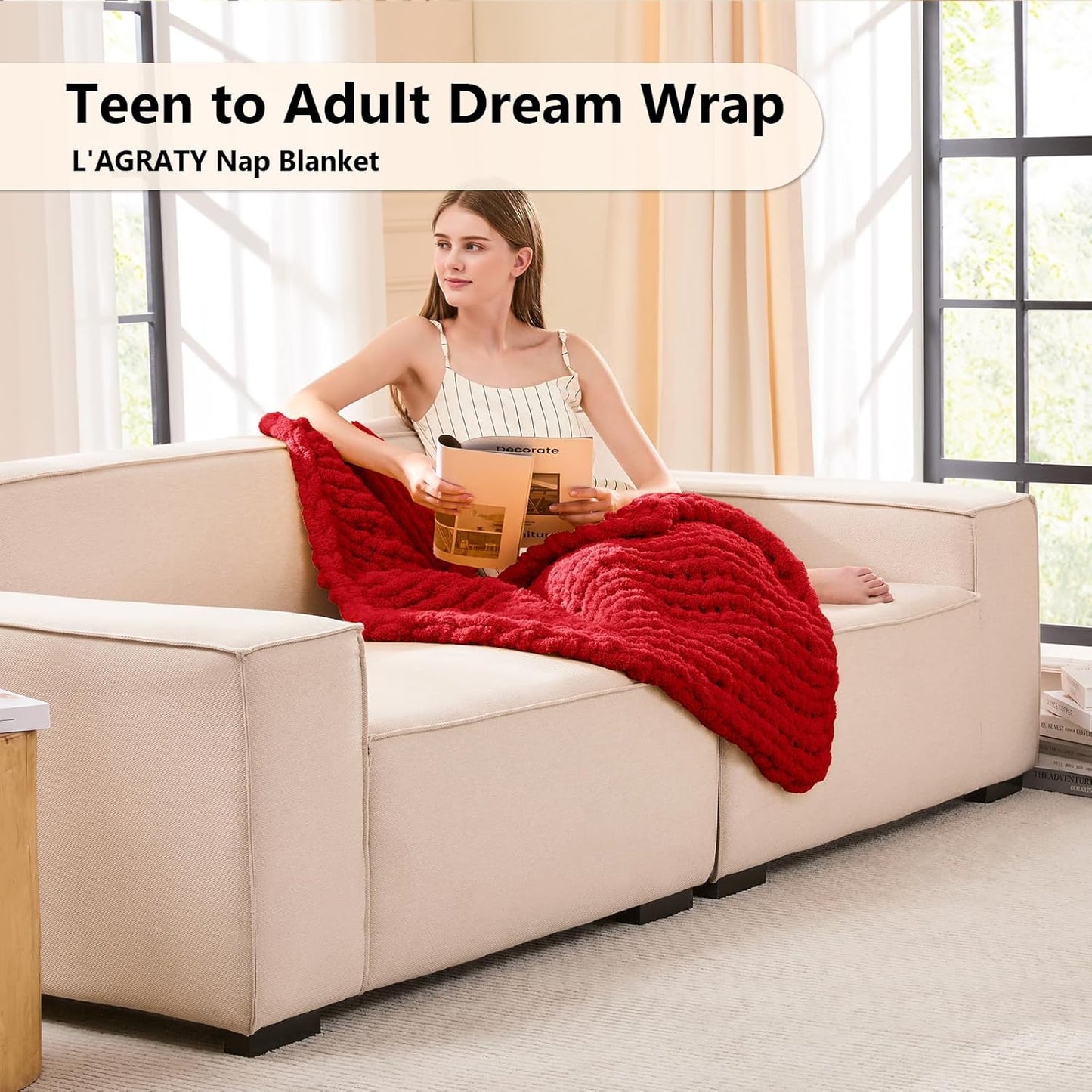 L'AGRATY Chunky Knit Blanket Throw - Soft Chunky Throw Blankets 30x40: 100% Hand Kintted Chenile Crochet Blanket Large Cable Knit Blankets - Rope Knot Throw for Couch Home Decor(Red)