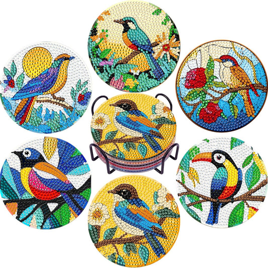 EWJRNSF 6 PCS Small Diamond Art Coasters Kits, Diamond Painting Coasters, Fall Diamond Art Kits for Adults Beginners, Arts and Crafts Item Sets with Holder for Drinks. Bird