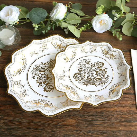 Efavormart 25 Pack White Gold Paper Dessert Plates in French Toile Floral Pattern, 8" Round Disposable Salad Appetizer Plates with Scalloped Rims - 300 GSM