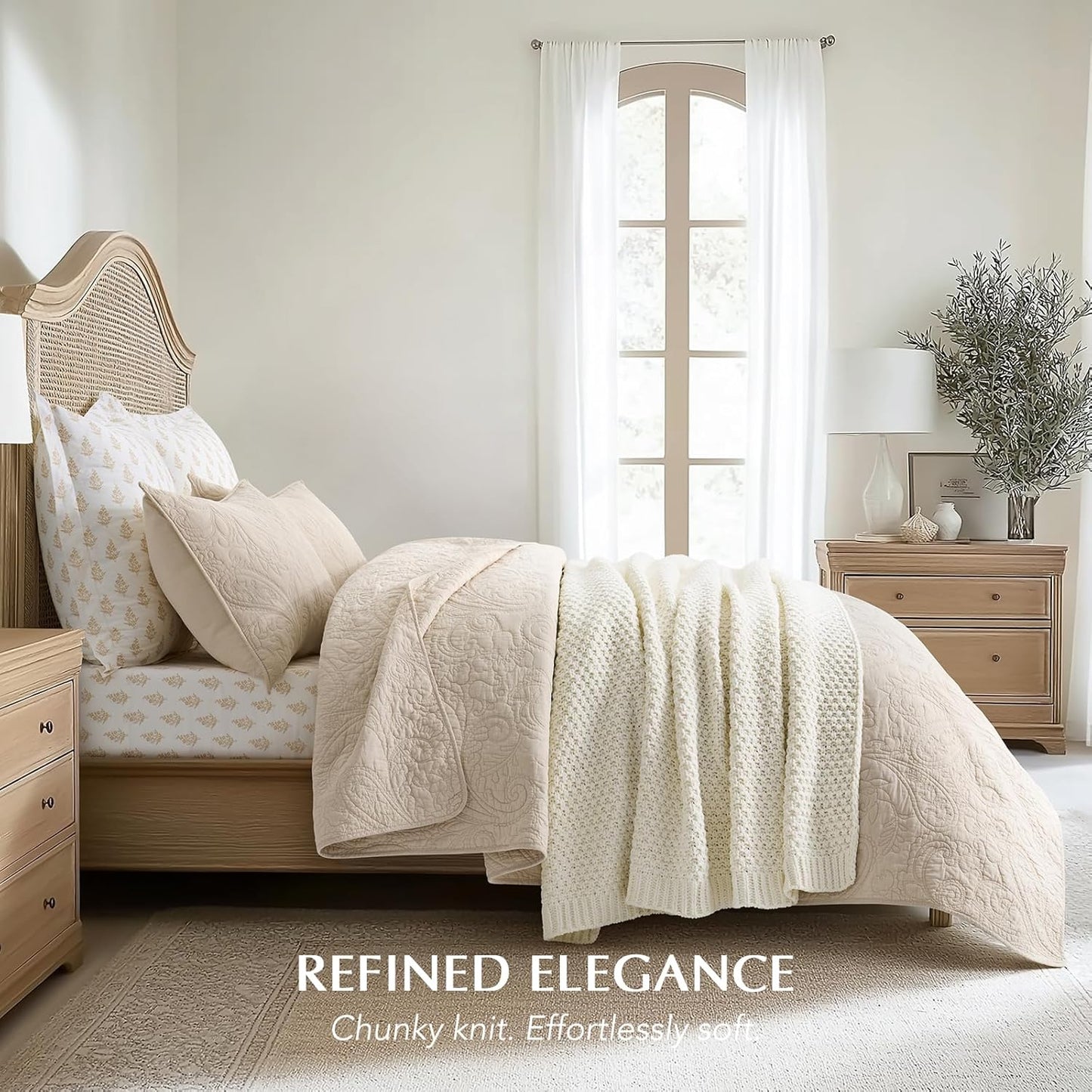 EVERGRACEHOME Chunky Chenille Knit Throw Blanket for Couch, Soft Luxurious Moss Stitch Blankets for Bed, Cozy Decorative Farmhouse Knitted Throws for Sofa, Ivory White, 50" x 60"