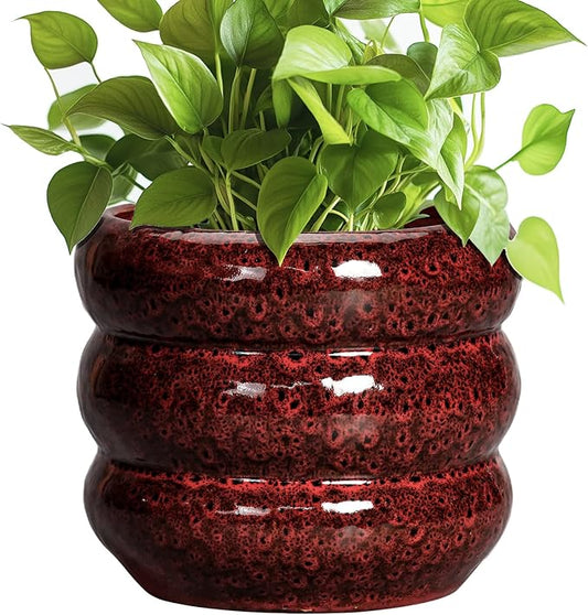 SQOWL Ceramic Flower Pots - 8 Inch Planter for Indoor Plants, Ceramic Plant Pot with Drainage Hole, Bubble Round Planter for Outdoor Plants, Office Home Desk Decor, House Warming Gifts, Red