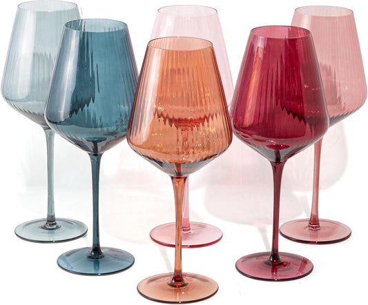 Crutello Modern Colored Wine Glasses 16 oz Glassware - Colorful Glasses Set of 6, Unique Fluted Colored Glassware with Ribbed Texture, Art Deco Red & Fancy White Wine Glass