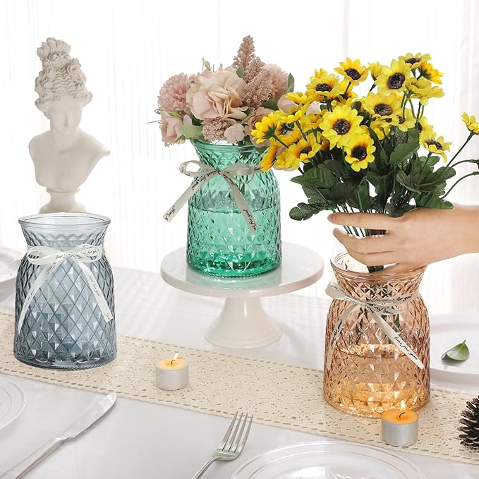 SOJOCK 2PACK Glass Flower Vases(Flowers NOT Included),6.3" High Diamond Pattern Vases,Vintage Vases for Centrepieces,Wedding Decorations,Home Table Flower Decorations