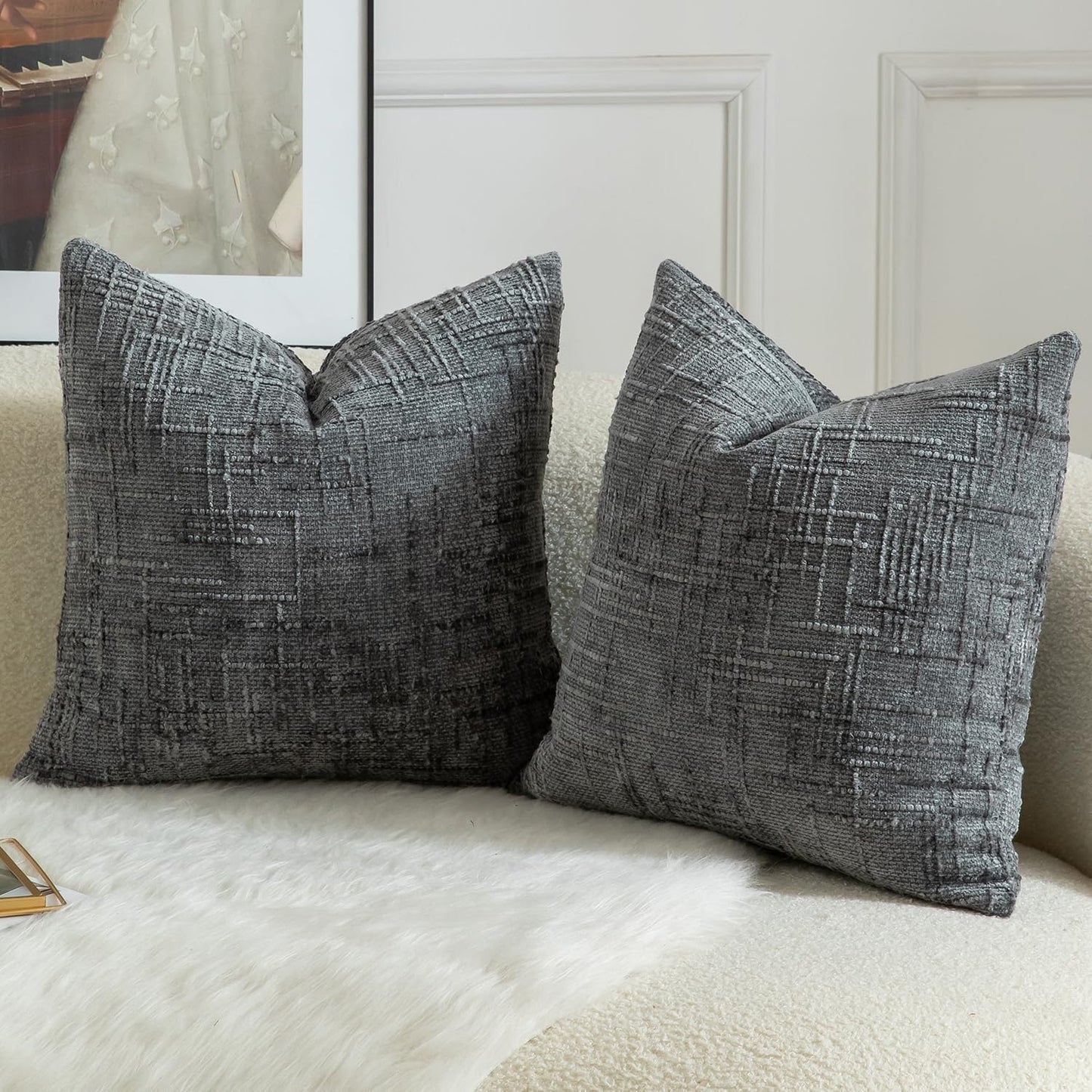 MANDIOO Pack of 2 Soft Chenille Textured Throw Pillow Covers Square Accent Solid Decorative Cushion Cover Cozy Farmhouse Pillow Case for Couch Sofa Bed Living Room 24x24 Inch Dark Gray