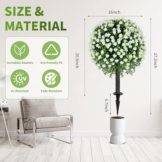 27.2" Artificial White Rose Topiary Set of 2 with Spike, Fake Plants Boxwood Ball Greenery Shrubs, Uv Resistant Push in Flowers Artificial Bushes for Outdoor Front Porch Decor Home Faux Plants Indoor
