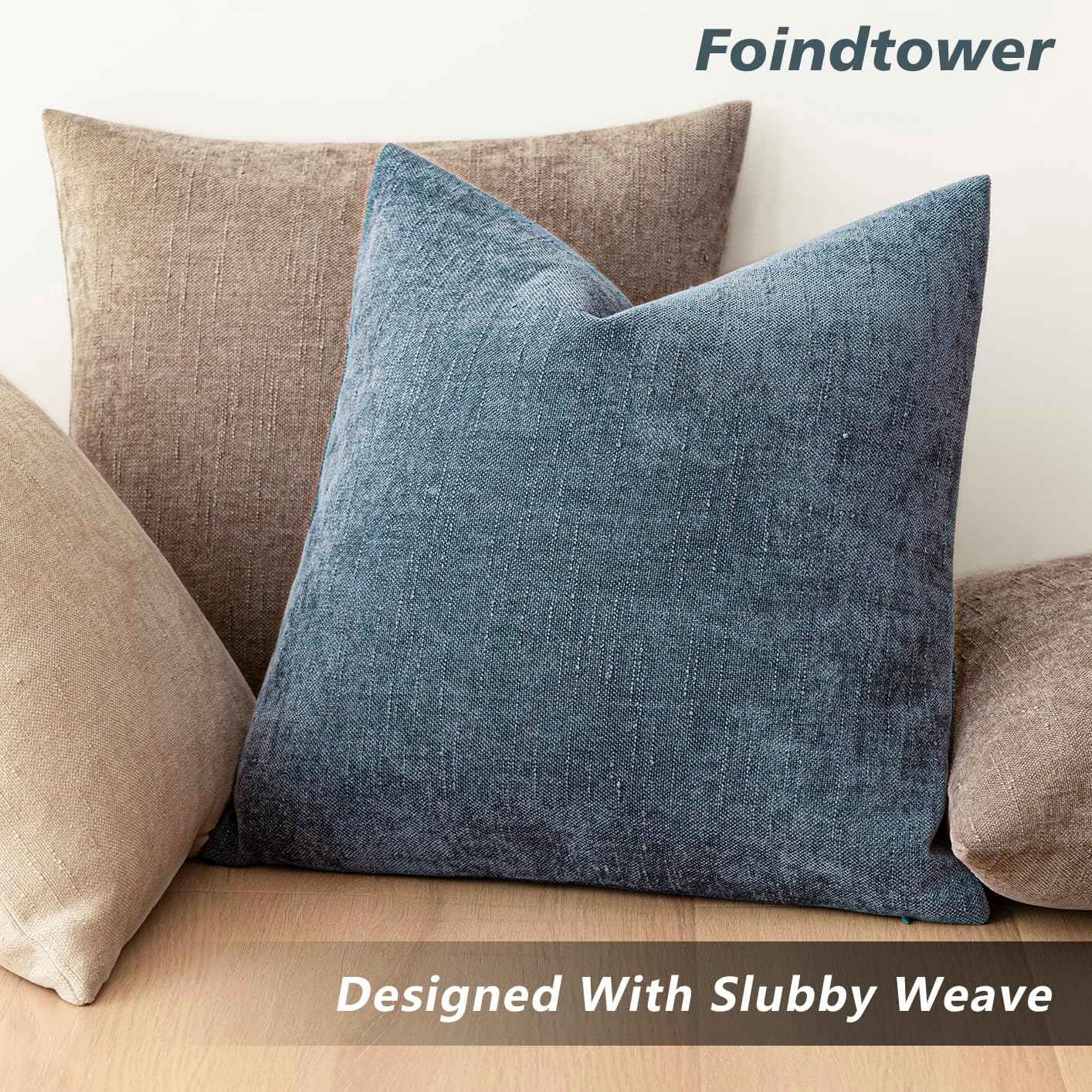 Foindtower Pack of 2 Soft Textured Chenille Throw Decorative Pillow Covers Square Accent Solid Cushion Cover Cozy Neutral Farmhouse Pillow Case for Couch Sofa Bedroom Living Room 20x20 Inch,Blue