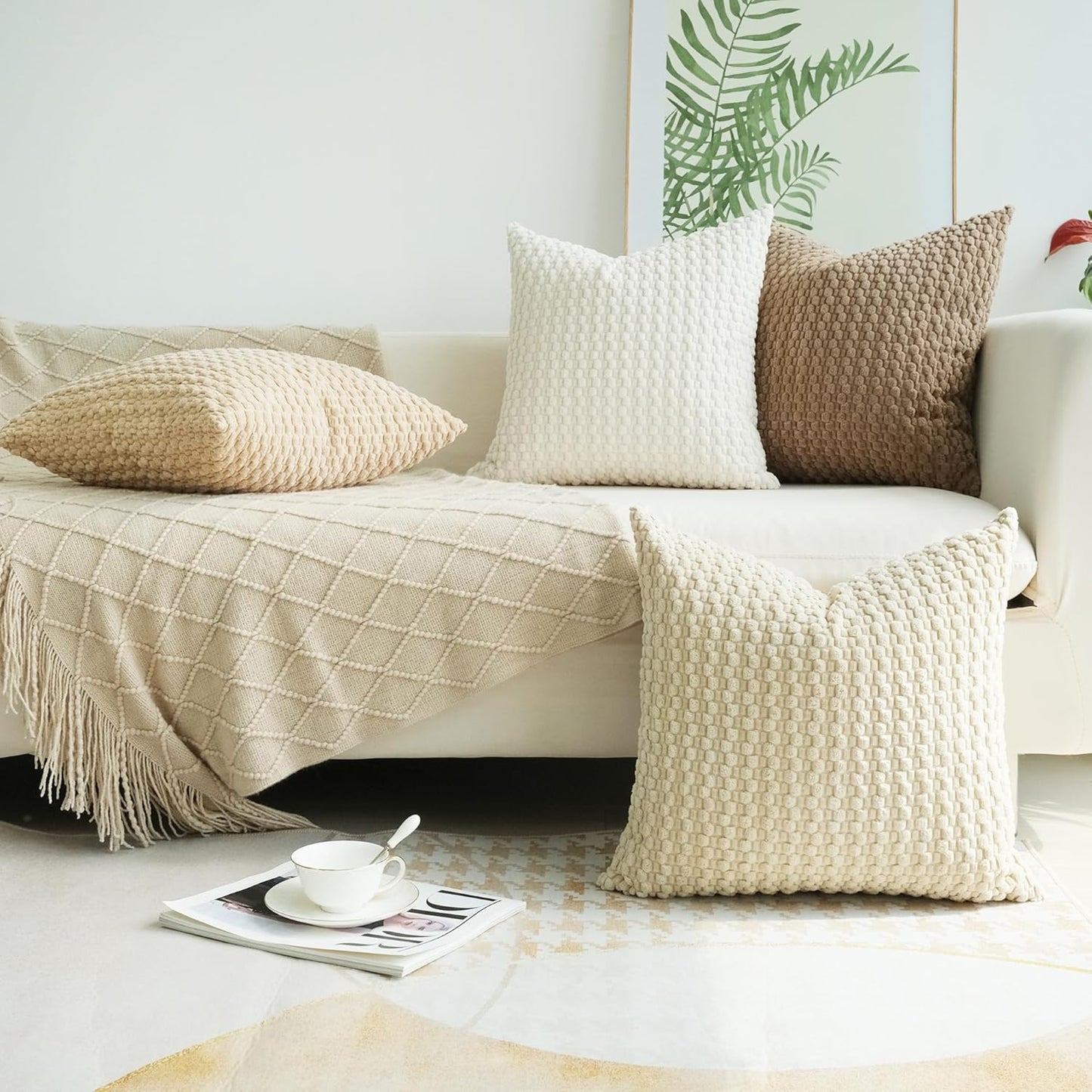 JOJUSIS Pack of 4 Neutral Decorative Throw Pillow Covers Farmhouse Boho Home Decor Striped Corduroy Square Pillowcases 18 x 18 Inch Beige Chocolate