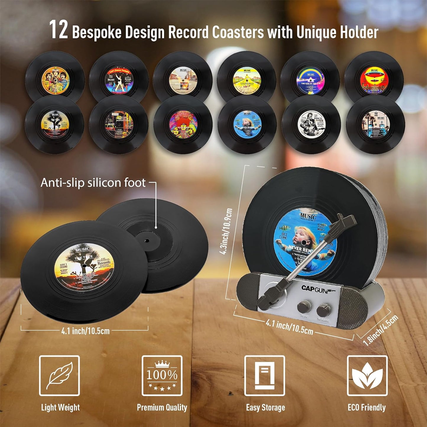 Funny Retro Vinyl Record Coasters, Creative Drink Coasters Set of 12 with Vinyl Record Player Holder for Music Lovers, Housewarming Hostess Gifts, Birthday and White Elephant Gifts Ideas