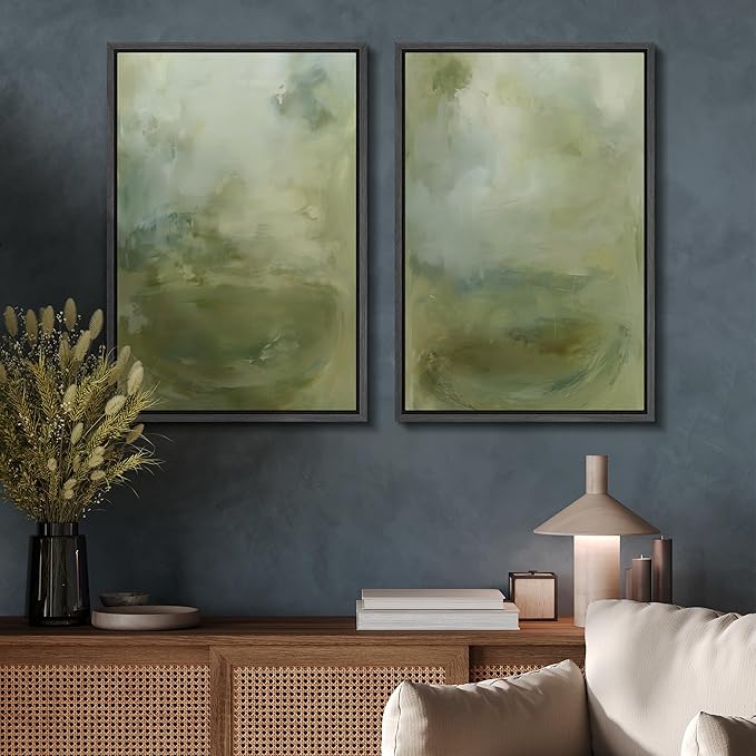 SIGNFORD Framed Canvas Print Wall Art Set Soft Green Abstract Contemporary Neutral Landscape Illustration Modern Art Decorative Nordic Nature for Living Room, Bedroom, Office - 24"x36"x2 Black