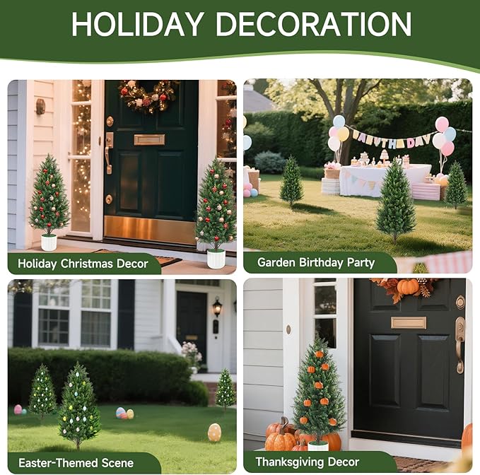 3FT Artificial Cedar Topiary Trees Set of 2 Detachable Planter & Spike,UV Resistant Faux Plants Outdoor and Indoor,Realistic Fake Bushes Pine Tree for Front Porch Decor Patio Offices Living Room