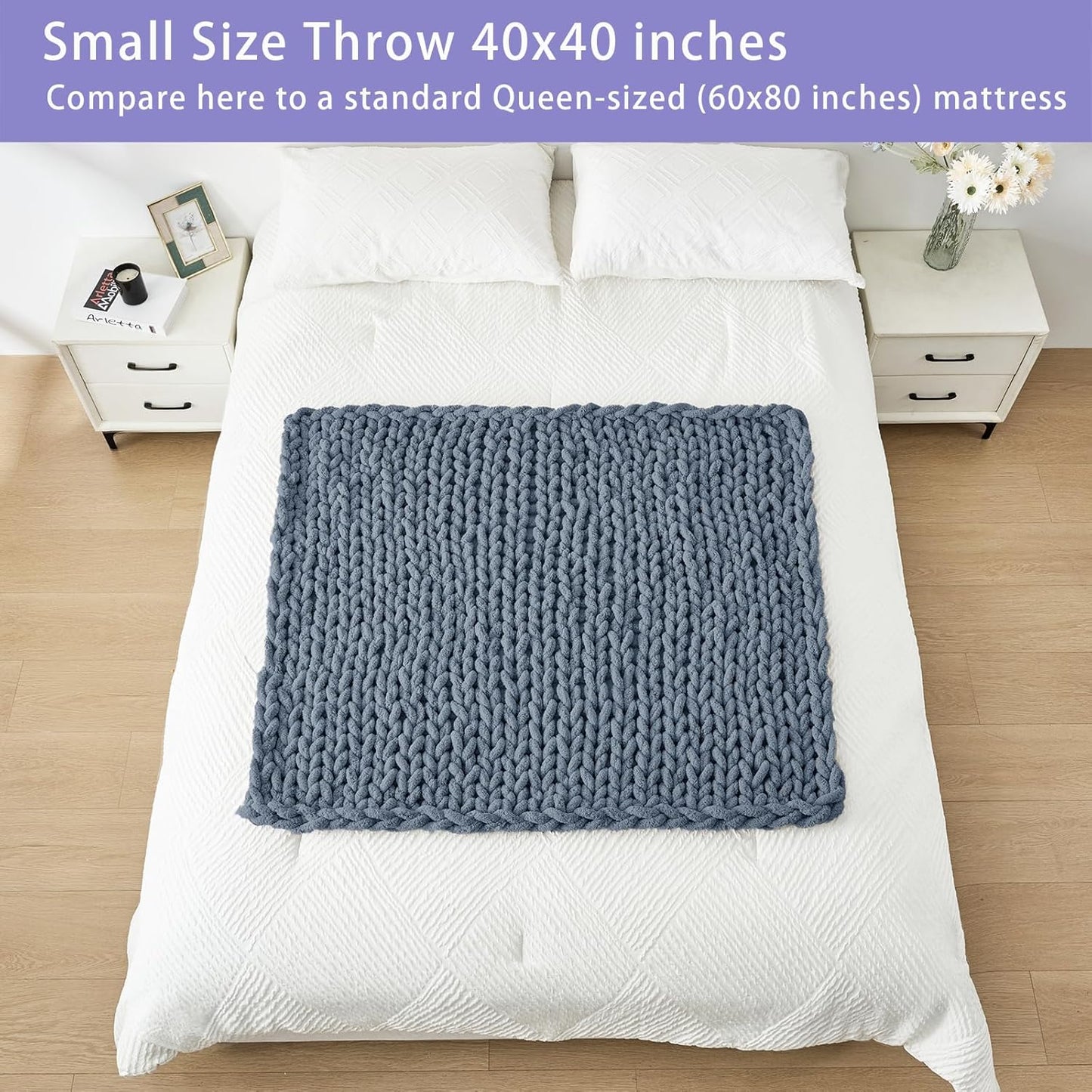 Bigacogo Chunky Knit Throw Blanket for Couch, 40x40 inches, 100% Hand Knitted with Thick Jumbo Chenille Yarn, Cozy Soft Large Rope Knot Cable Crochet Blankets for Sofa Bed Living Room, Cold Sea Blue
