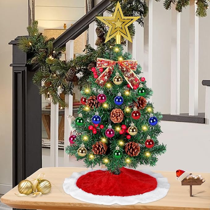 24 Inch Small Tabletop Christmas Tree with Tree Skirt, Christmas Pine Tree with 50 LED Lights, Star Treetop and Ornaments, Artificial Mini Christmas Tree Home Table Christmas Decorations