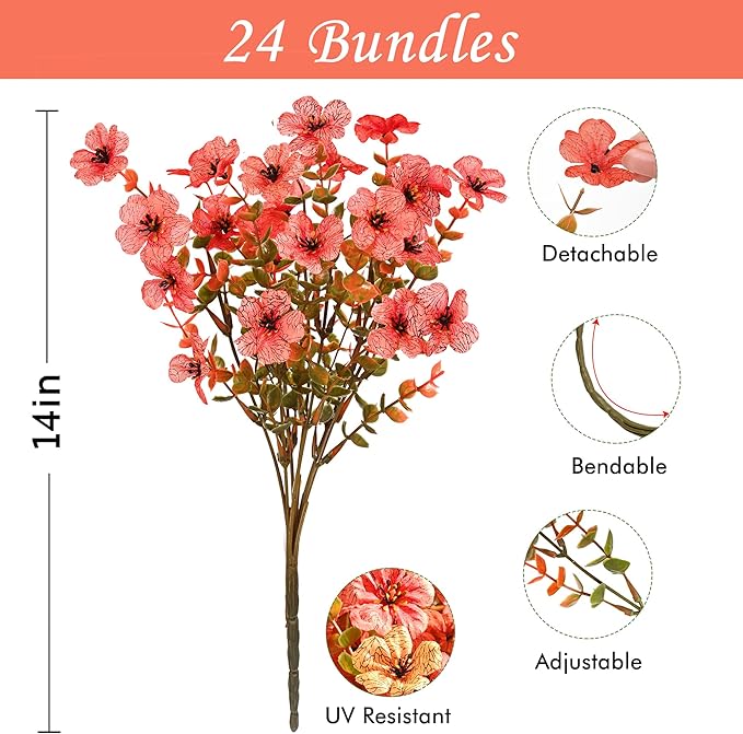 Waipfaru Fall Decor, Fake Mums, Flowers, UV Resistant Artificial Mums for Outdoors, 24 Bundles, Fall Flower Plants Artificial for Decoration Home Porch Thanksgiving,Light Red