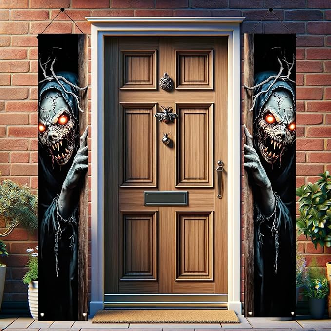 2PCS Halloween Porch Banner Scary Skeleton Demon Vertical Hanging Decorations for Front Door Outdoor Horror Welcome Door Sign Spooky Party Decor Haunted House Entrance Backdrop 71 x 12 Inch
