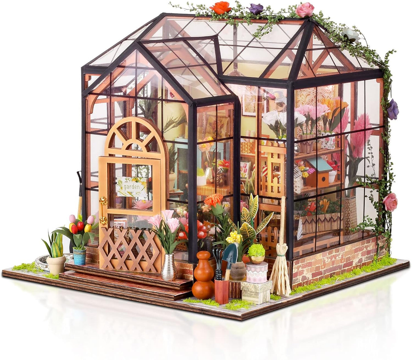 GuDoQi DIY Miniature Dollhouse Kit, Tiny House with Furniture, 1:24 Scale, Handmade Gift for Birthday Christmas Day, Jenny Greenhouse Flower Shop
