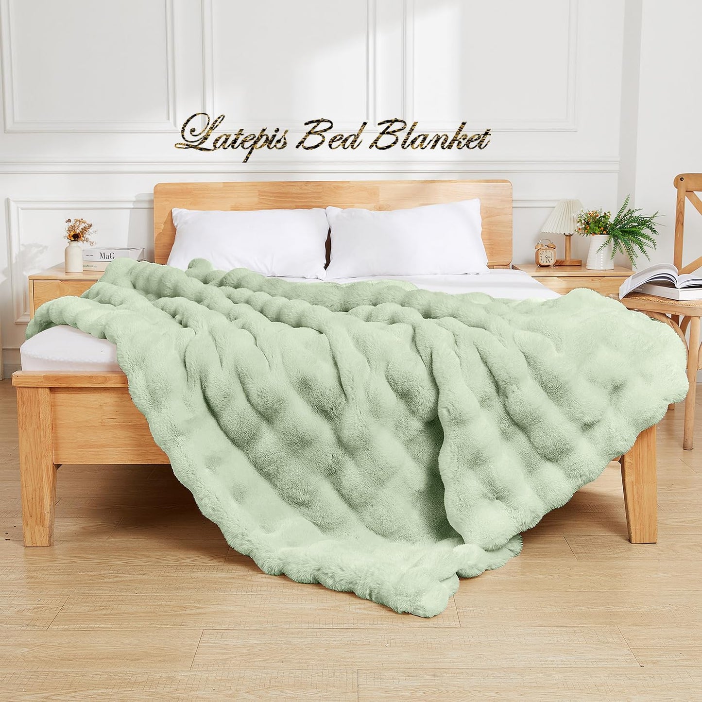 Latepis Faux Fur Throw Blankets Sage Green Bubble Cozy Soft Heavy Blanket for Couch Fuzzy Thick Blanket for Sofa Bedroom Plush Fluffy Warm Blankets for Winter Luxury Throw Blanket 50''x60'', 860gsm