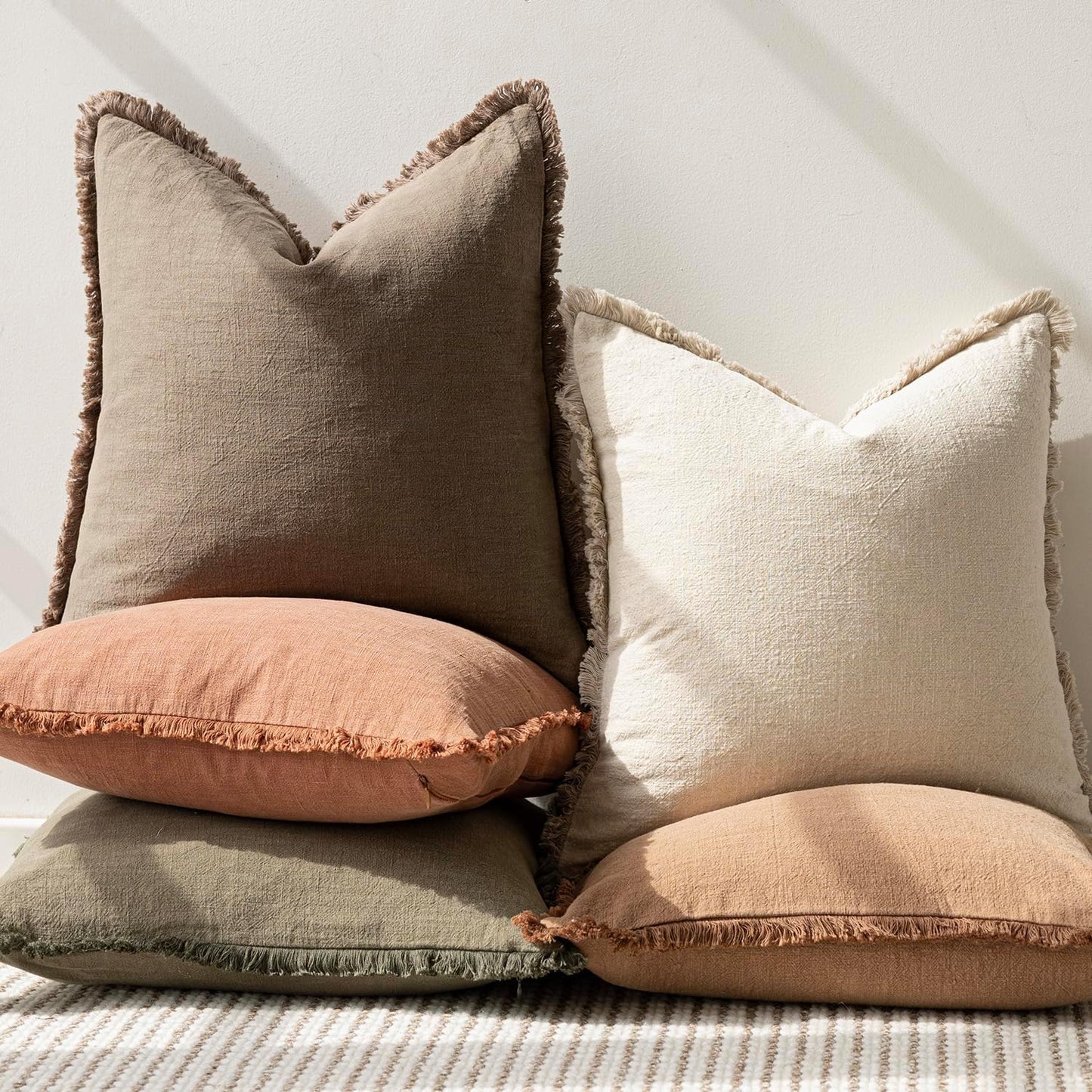 Foindtower Decorative Linen Fringe Throw Pillow Covers Cozy Boho Farmhouse Cushion Cover with Tassels Soft Accent Pillowcase for Chair Sofa Bed Living Room Home Decor, 26×26 Inch, 1PC, Light Brown