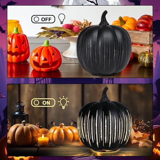 VCUTEKA Glass Pumpkin Lights, Lighted Pumpkins Halloween Decorations for Home, Pumpkin for Indoor Decor and Thanksgiving Centerpieces Tables Decor, Black
